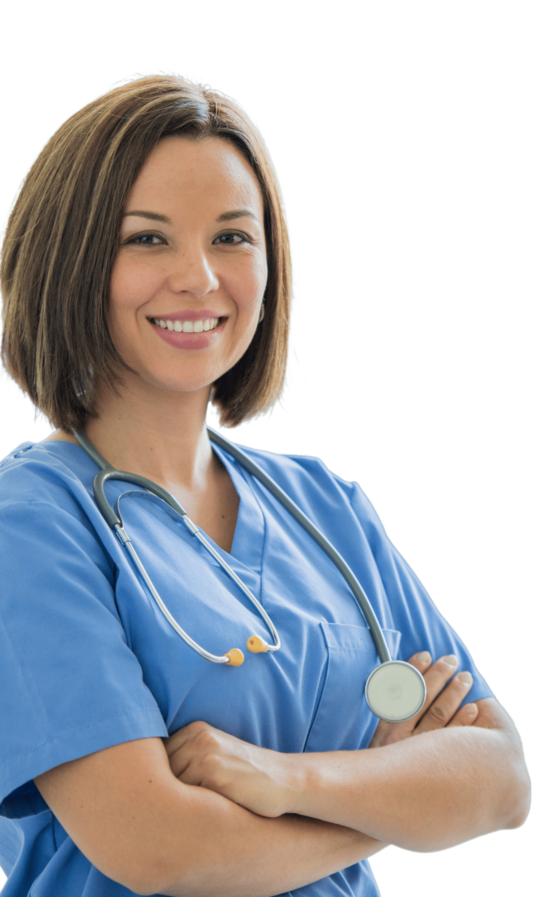 Smiling female healthcare professional in blue scrubs with stethoscope, arms crossed