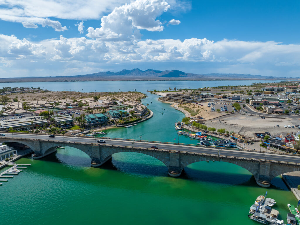 Aerial view of Lake Havasu with bridge and scenic landscape